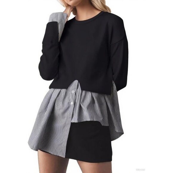 Sweaters - Womens Sweater Patchwork 2-in-1 Asymmetrical Hem Crew Neck Knit Top